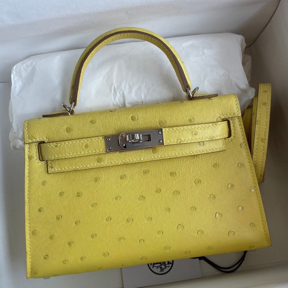 Hermes Kelly Mini II Sellier Handmade Bag In Lime Ostrich Leather LDBS242531