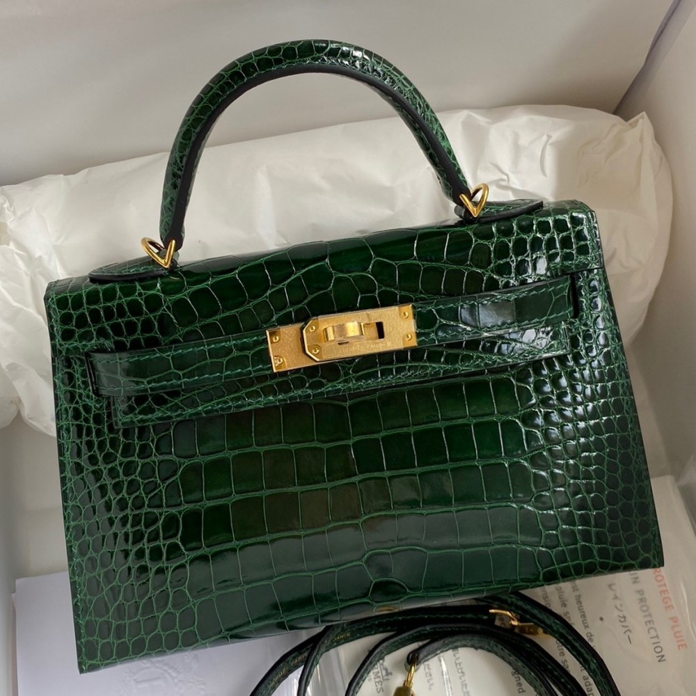 Hermes Kelly Mini II Sellier Handmade Bag In Malachite Shiny Alligator Leather LDBS242532