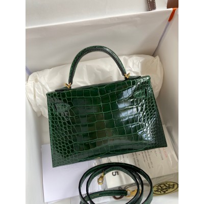 Hermes Kelly Mini II Sellier Handmade Bag In Malachite Shiny Alligator Leather LDBS242532