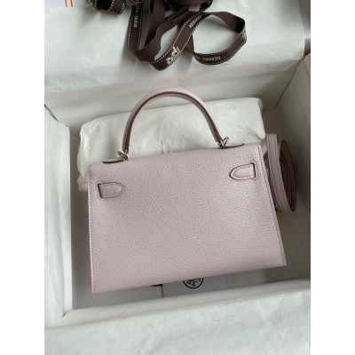 Hermes Kelly Mini II Sellier Handmade Bag In Mauve Pale Chevre Mysore Leather LDBS242533