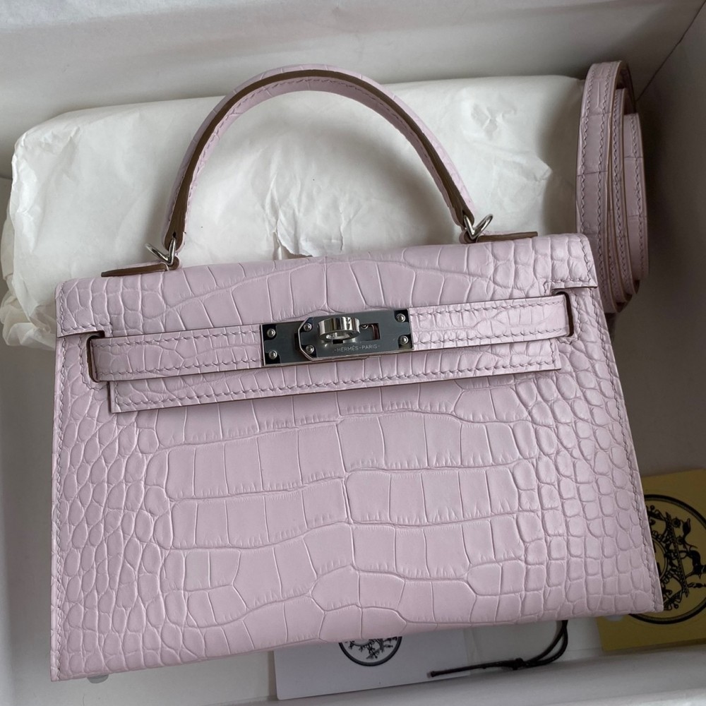 Hermes Kelly Mini II Sellier Handmade Bag In Mauve Pale Matte Alligator Leathe LDBS242534