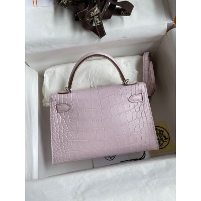 Hermes Kelly Mini II Sellier Handmade Bag In Mauve Pale Matte Alligator Leathe LDBS242534