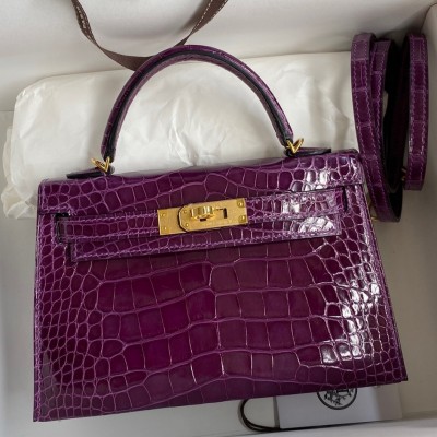 Hermes Kelly Mini II Sellier Handmade Bag In Purple Shiny Alligator Leather LDBS242542