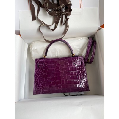 Hermes Kelly Mini II Sellier Handmade Bag In Purple Shiny Alligator Leather LDBS242542