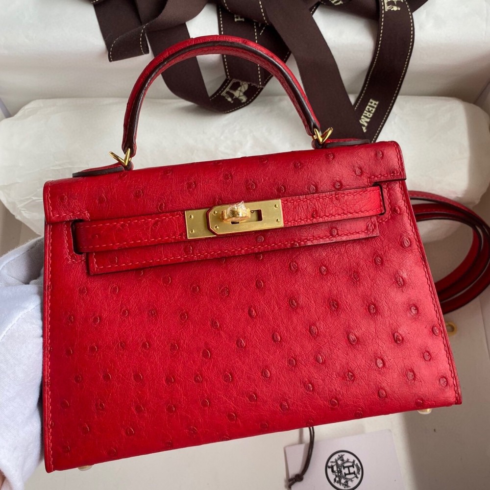 Hermes Kelly Mini II Sellier Handmade Bag In Red Ostrich Leather LDBS242543