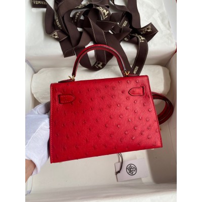 Hermes Kelly Mini II Sellier Handmade Bag In Red Ostrich Leather LDBS242543