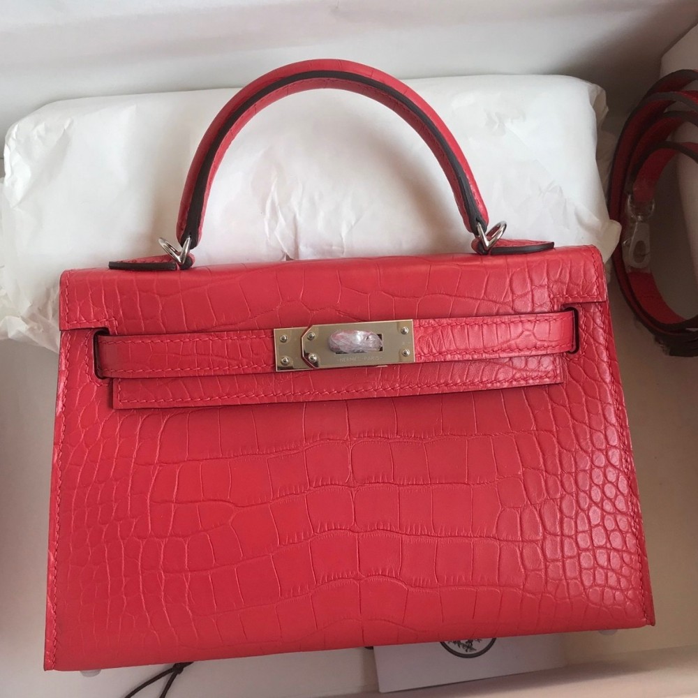 Hermes Kelly Mini II Sellier Handmade Bag In Rose Extreme Matte Alligator Leather LDBS242546