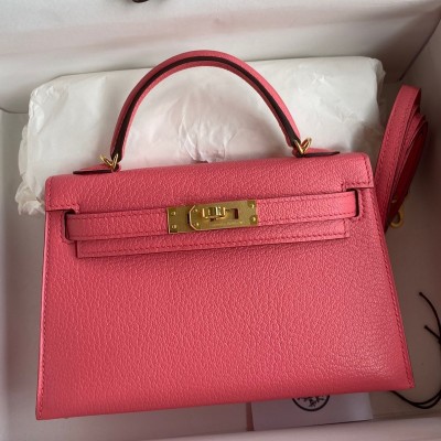 Hermes Kelly Mini II Sellier Handmade Bag In Rose Lipstick Chevre Mysore Leather LDBS242547