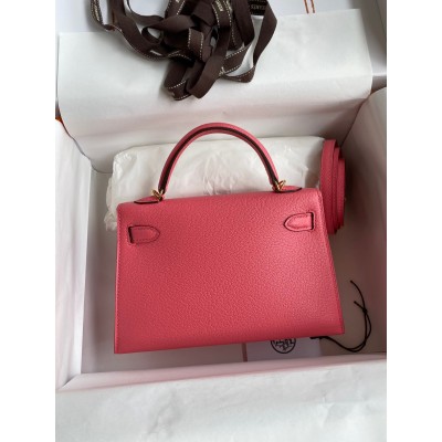 Hermes Kelly Mini II Sellier Handmade Bag In Rose Lipstick Chevre Mysore Leather LDBS242547