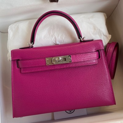 Hermes Kelly Mini II Sellier Handmade Bag In Rose Purple Chevre Mysore Leather LDBS242548