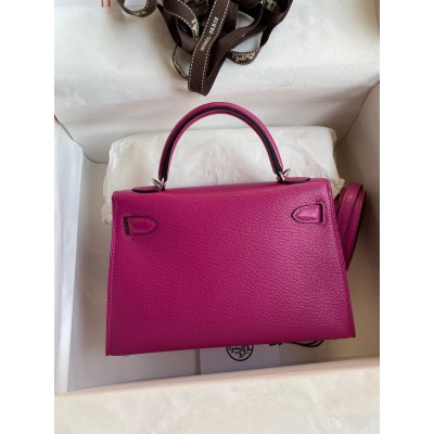 Hermes Kelly Mini II Sellier Handmade Bag In Rose Purple Chevre Mysore Leather LDBS242548