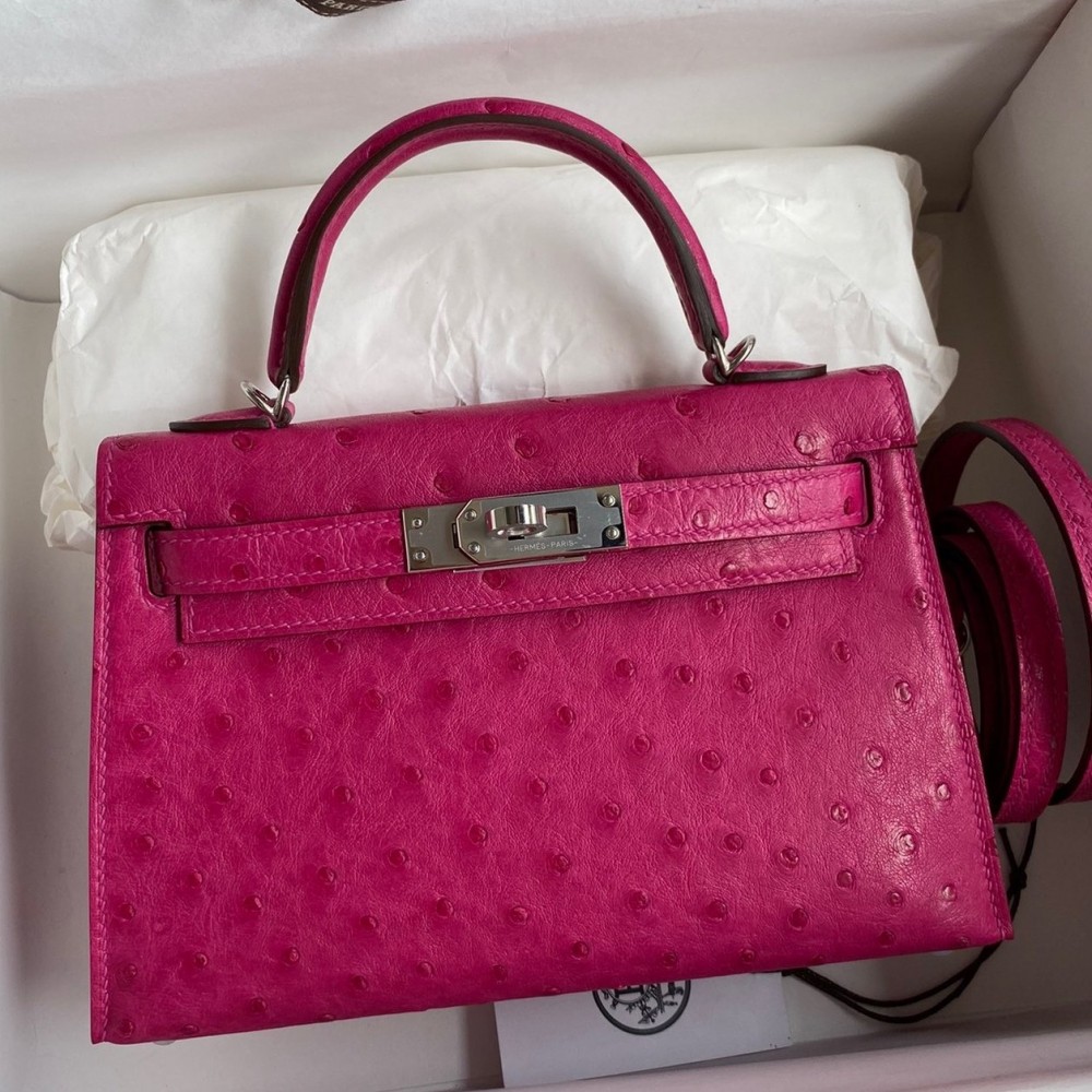 Hermes Kelly Mini II Sellier Handmade Bag In Rose Red Ostrich Leather LDBS242551