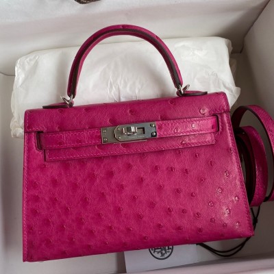 Hermes Kelly Mini II Sellier Handmade Bag In Rose Red Ostrich Leather LDBS242551