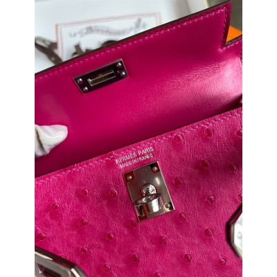 Hermes Kelly Mini II Sellier Handmade Bag In Rose Red Ostrich Leather LDBS242551