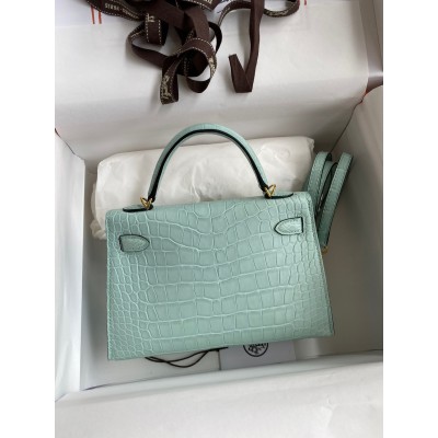 Hermes Kelly Mini II Sellier Handmade Bag In Vert D'eau Matte Alligator Leather LDBS242559