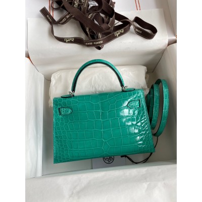 Hermes Kelly Mini II Sellier Handmade Bag In Vert Jude Shiny Alligator Leather LDBS242561