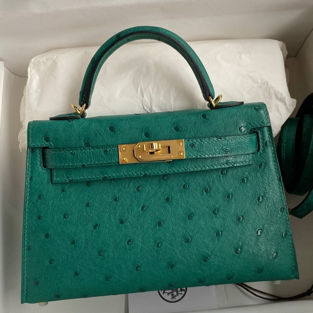 Hermes Kelly Mini II Sellier Handmade Bag In Vert Vertigo Ostrich Leather LDBS242562