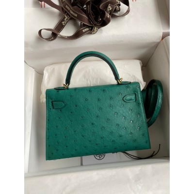 Hermes Kelly Mini II Sellier Handmade Bag In Vert Vertigo Ostrich Leather LDBS242562