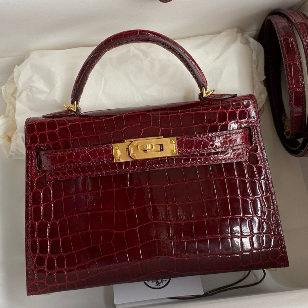 Hermes Kelly Mini II Sellier Handmade Bag in Bordeaux Shiny Alligator Leather LDBS242513