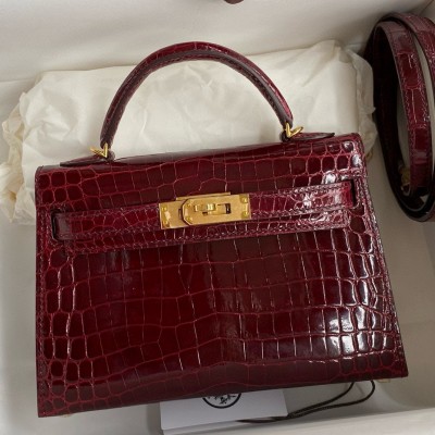 Hermes Kelly Mini II Sellier Handmade Bag in Bordeaux Shiny Alligator Leather LDBS242513