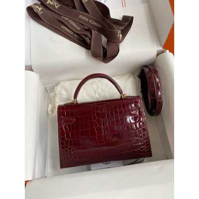 Hermes Kelly Mini II Sellier Handmade Bag in Bordeaux Shiny Alligator Leather LDBS242513