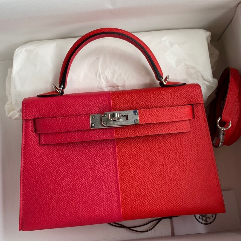 Hermes Kelly Mini II Sellier Tri-color Bag In Red/Rose Extreme/Blue Epsom Calfskin LDBS242565