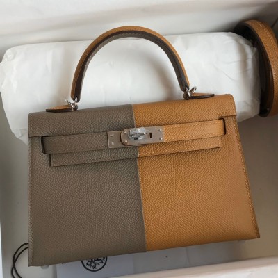 Hermes Kelly Mini II Sellier Tri-color Bag In Taupe/Sesame/Blue Nuit Epsom Calfskin LDBS242566