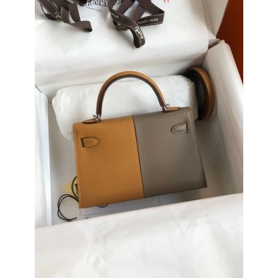 Hermes Kelly Mini II Sellier Tri-color Bag In Taupe/Sesame/Blue Nuit Epsom Calfskin LDBS242566