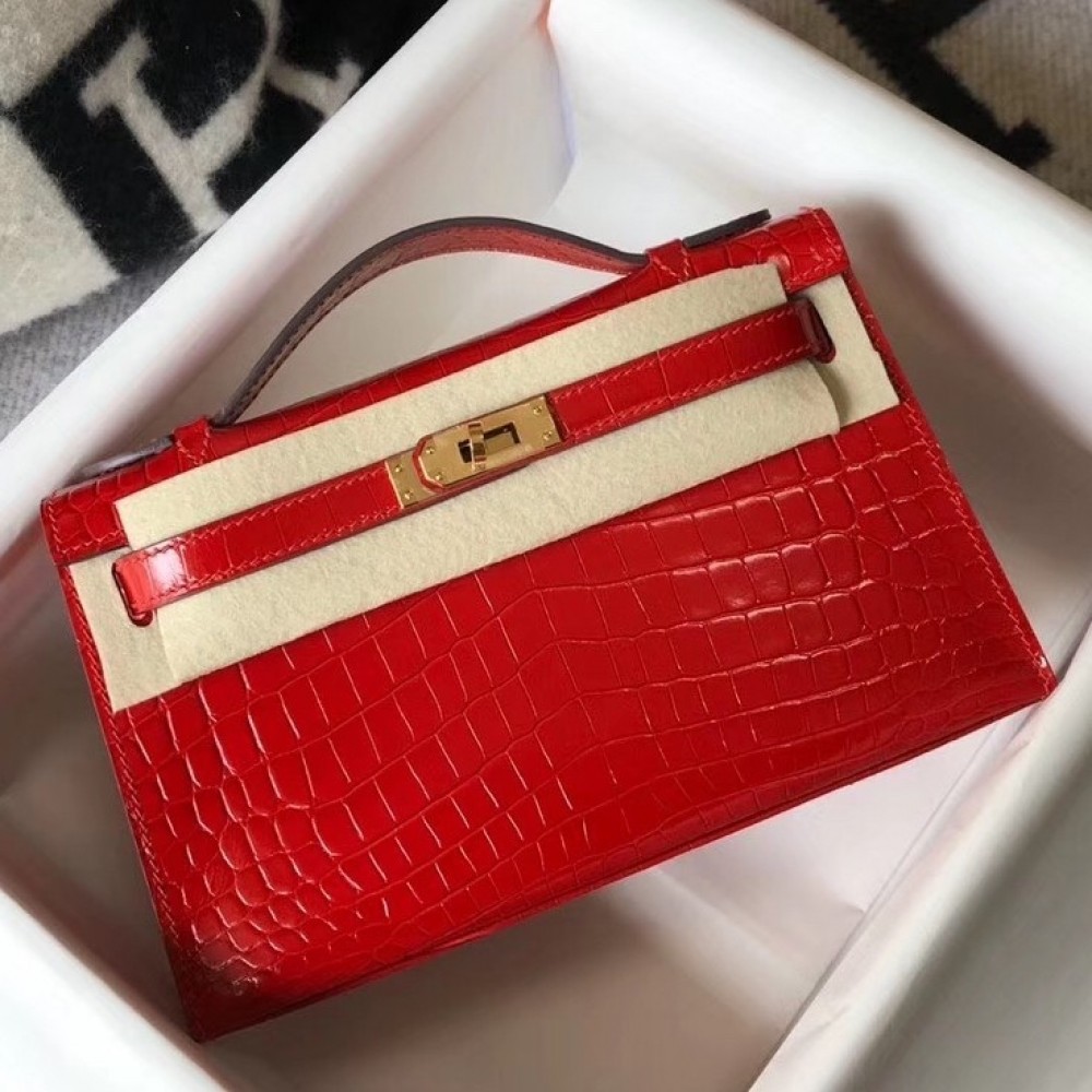 Hermes Kelly Pochette Bag In Red Embossed Crocodile Leather LDBS242576