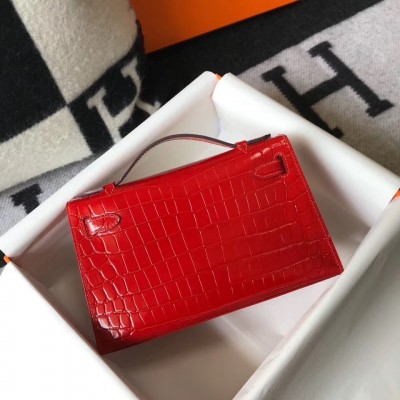 Hermes Kelly Pochette Bag In Red Embossed Crocodile Leather LDBS242576