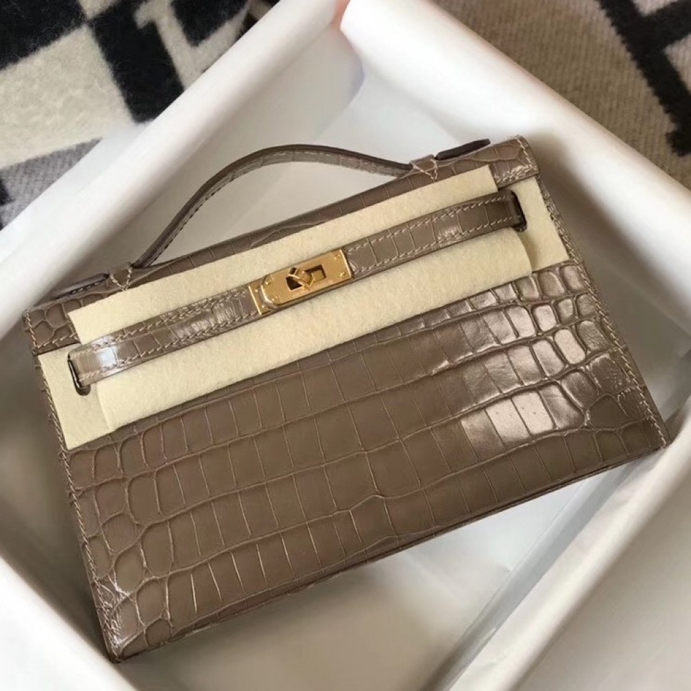 Hermes Kelly Pochette Bag In Taupe Embossed Crocodile Leather LDBS242579