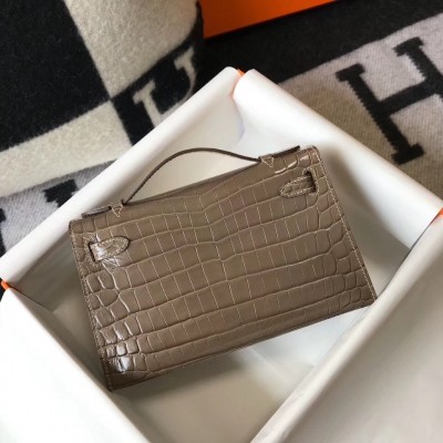 Hermes Kelly Pochette Bag In Taupe Embossed Crocodile Leather LDBS242579