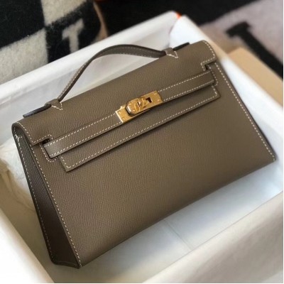 Hermes Kelly Pochette Bag In Taupe Grey Epsom Leather LDBS242580