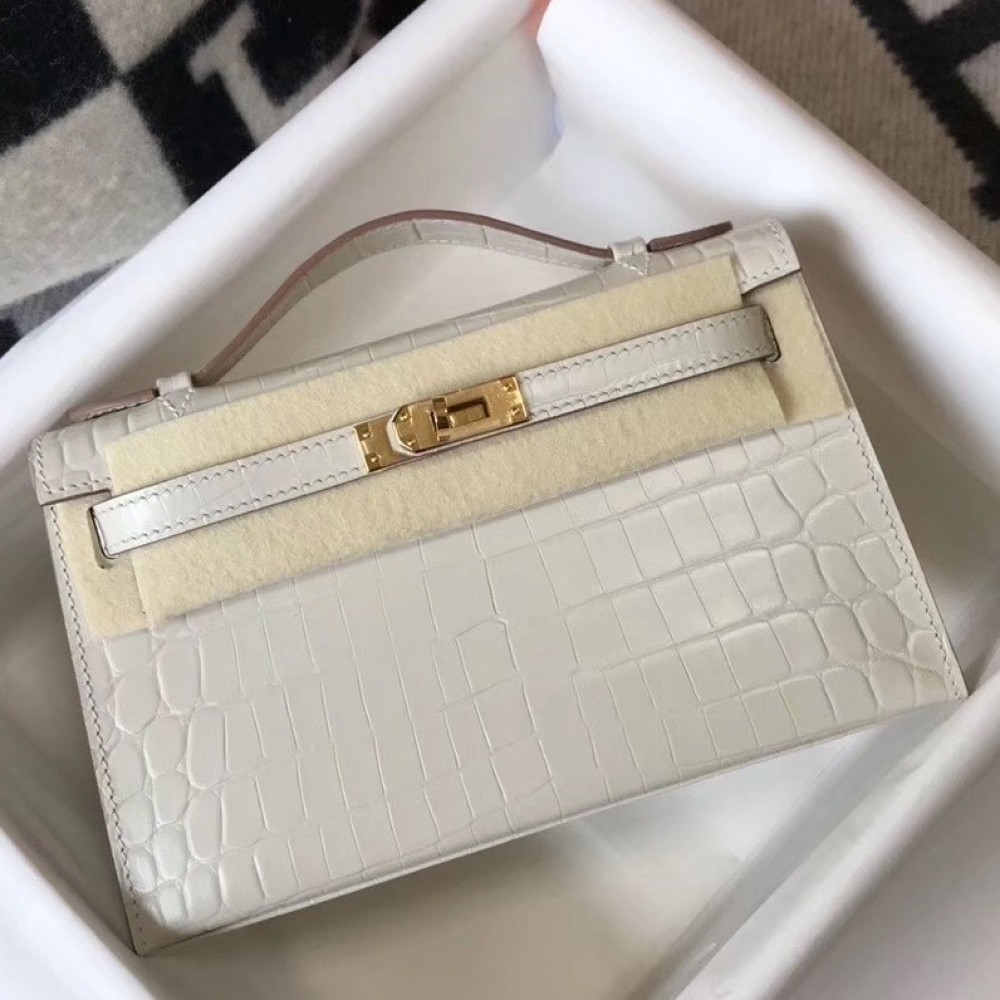 Hermes Kelly Pochette Bag In White Embossed Crocodile Leather LDBS242584