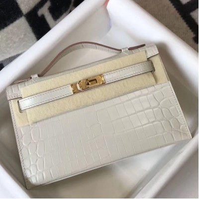 Hermes Kelly Pochette Bag In White Embossed Crocodile Leather LDBS242584