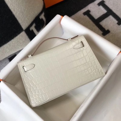 Hermes Kelly Pochette Bag In White Embossed Crocodile Leather LDBS242584