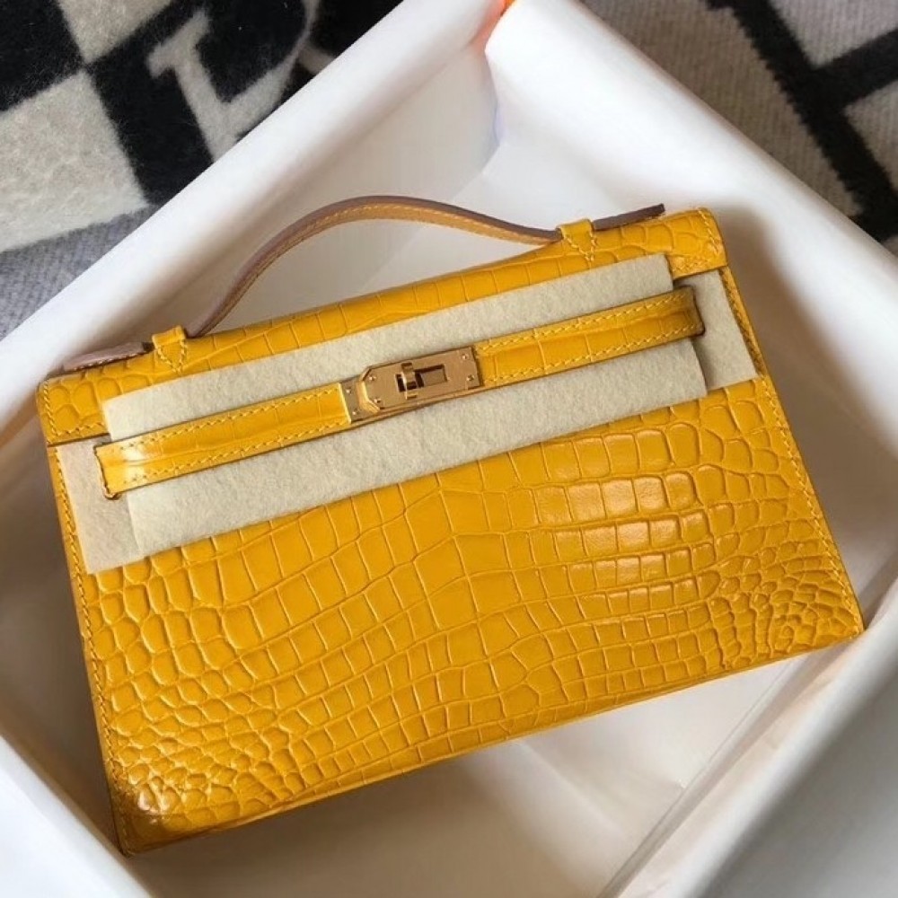 Hermes Kelly Pochette Bag In Yellow Embossed Crocodile Leather LDBS242586