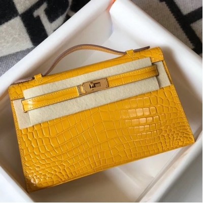 Hermes Kelly Pochette Bag In Yellow Embossed Crocodile Leather LDBS242586