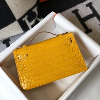 Hermes Kelly Pochette Bag In Yellow Embossed Crocodile Leather LDBS242586