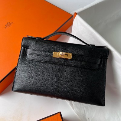 Hermes Kelly Pochette Handmade Bag In Black Chevre Mysore Leather LDBS242589