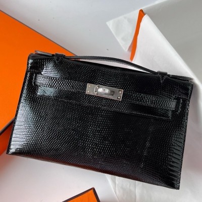 Hermes Kelly Pochette Handmade Bag In Black Lizard Skin LDBS242590