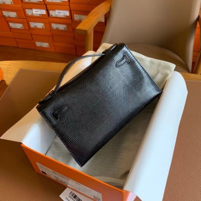 Hermes Kelly Pochette Handmade Bag In Black Lizard Skin LDBS242590