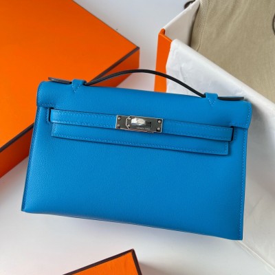 Hermes Kelly Pochette Handmade Bag In Blue Frida Swift Calfskin LDBS242593