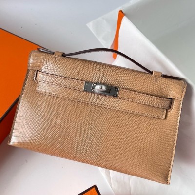 Hermes Kelly Pochette Handmade Bag In Chai Lizard Skin LDBS242594