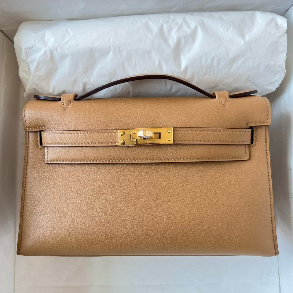 Hermes Kelly Pochette Handmade Bag In Chai Swift Calfskin LDBS242596