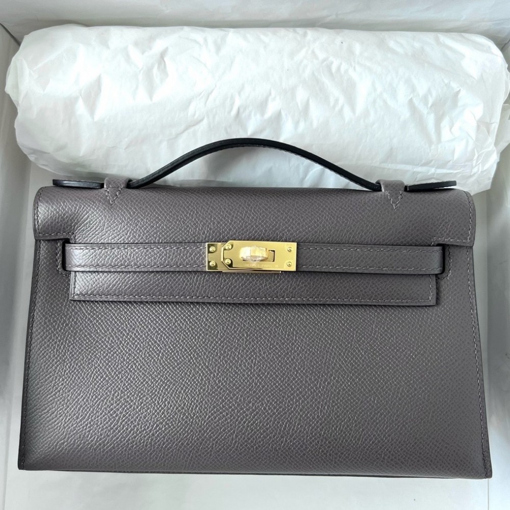 Hermes Kelly Pochette Handmade Bag In Etain Epsom Calfskin LDBS242598