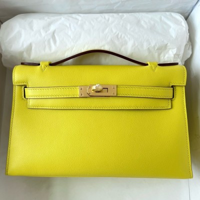 Hermes Kelly Pochette Handmade Bag In Lime Swift Calfskin LDBS242600