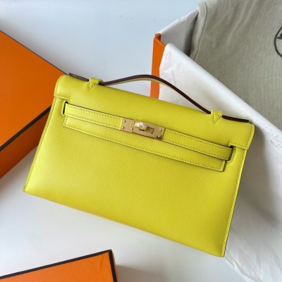 Hermes Kelly Pochette Handmade Bag In Lime Swift Calfskin LDBS242600