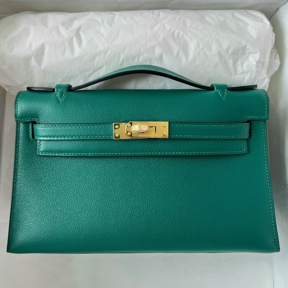 Hermes Kelly Pochette Handmade Bag In Malachite Swift Calfskin LDBS242601