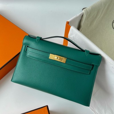 Hermes Kelly Pochette Handmade Bag In Malachite Swift Calfskin LDBS242601